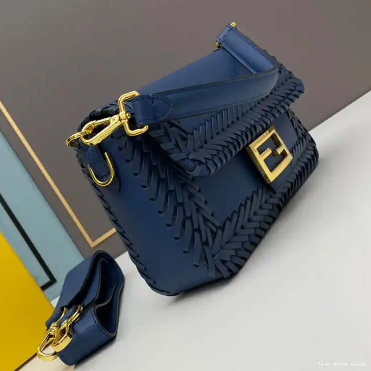 Cheap Leather Fendi Baguette Medium Bag In Blue Stitching 0529